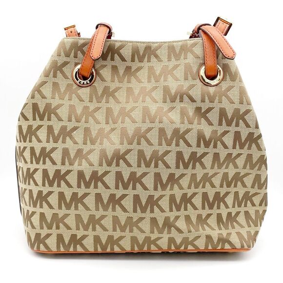 NEW MICHAEL Michael Kors Beige Tan Orange Signature Canvas & Leather Tote Large - Picture 2 of 16